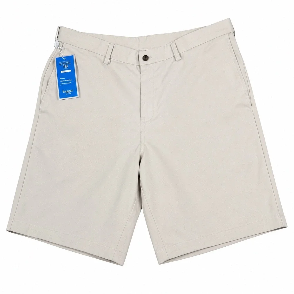 Haggar Cool 18 Shorts Mens 38 Khaki Performance Plain Front Moisture Wicking NWT